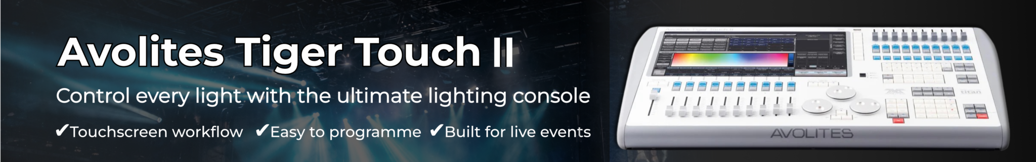Used Avolites Tiger Touch II lighting desk for sale at 10K Used Gear, touchscreen lighting control console for live events, concerts and theatre production