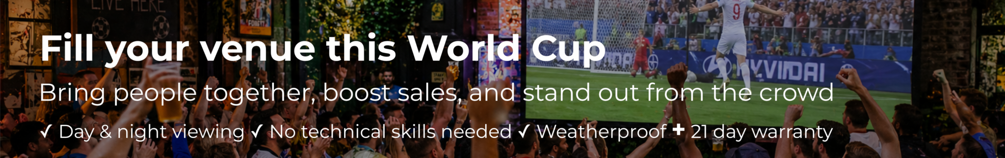 10K Used Gear Crowd watching World Cup match on big screen in a pub, promoting outdoor screens and AV equipment for venues and bars