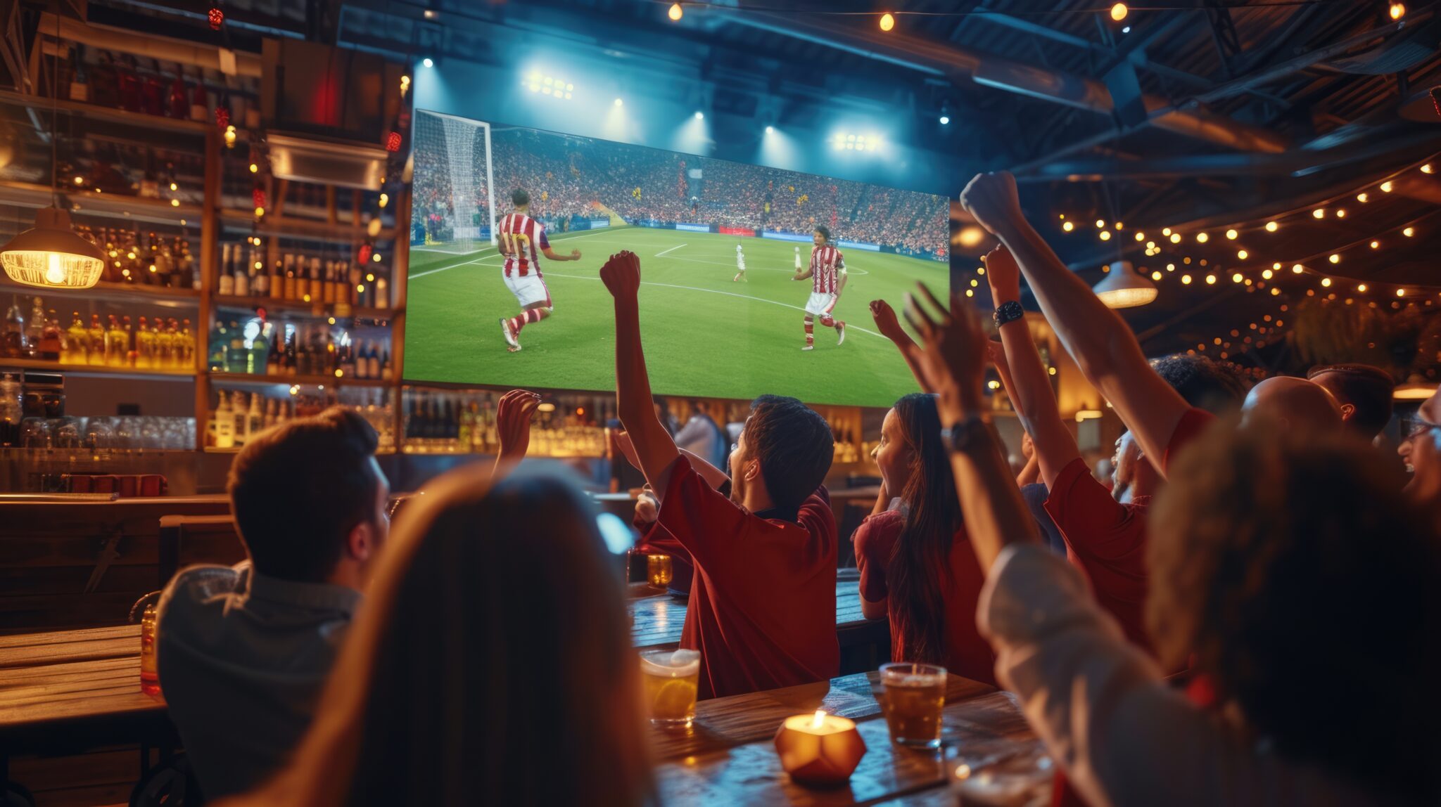 A group of people are watching a football game on a large screen AIG41