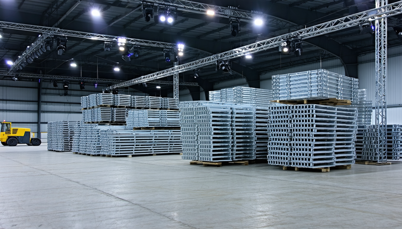 Professional staging truss and rigging equipment in event production warehouse