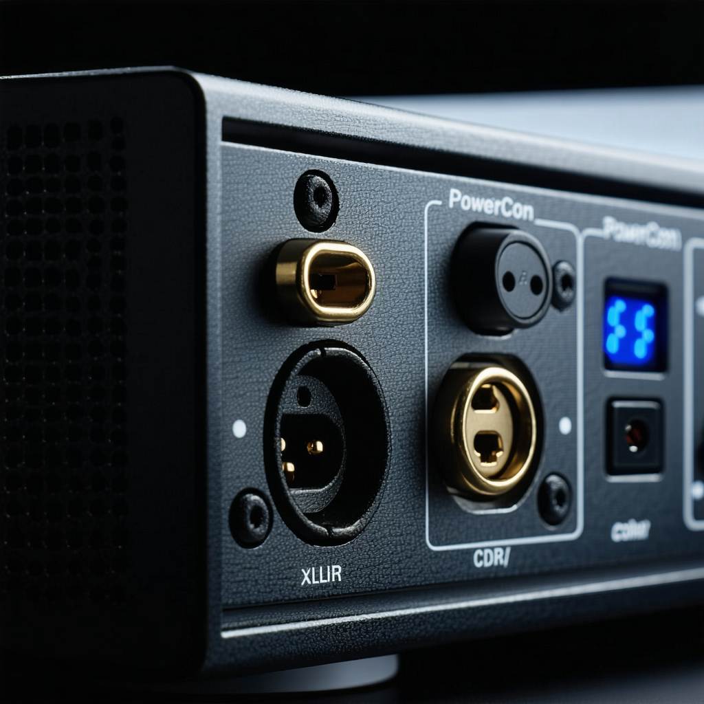 Close-up inspection of professional audio equipment connectors and cabling