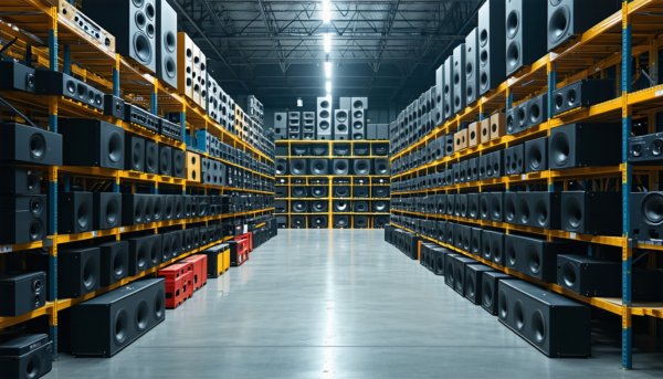 Professional stage equipment in warehouse ready for inspection