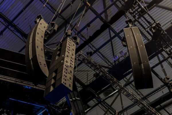 Professional line array speaker system installed at a live event venue | 10k uSED gEAR