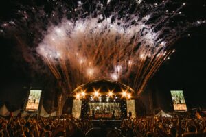 Professional festival PA system with line array speakers covering a live outdoor music event 10k used gear