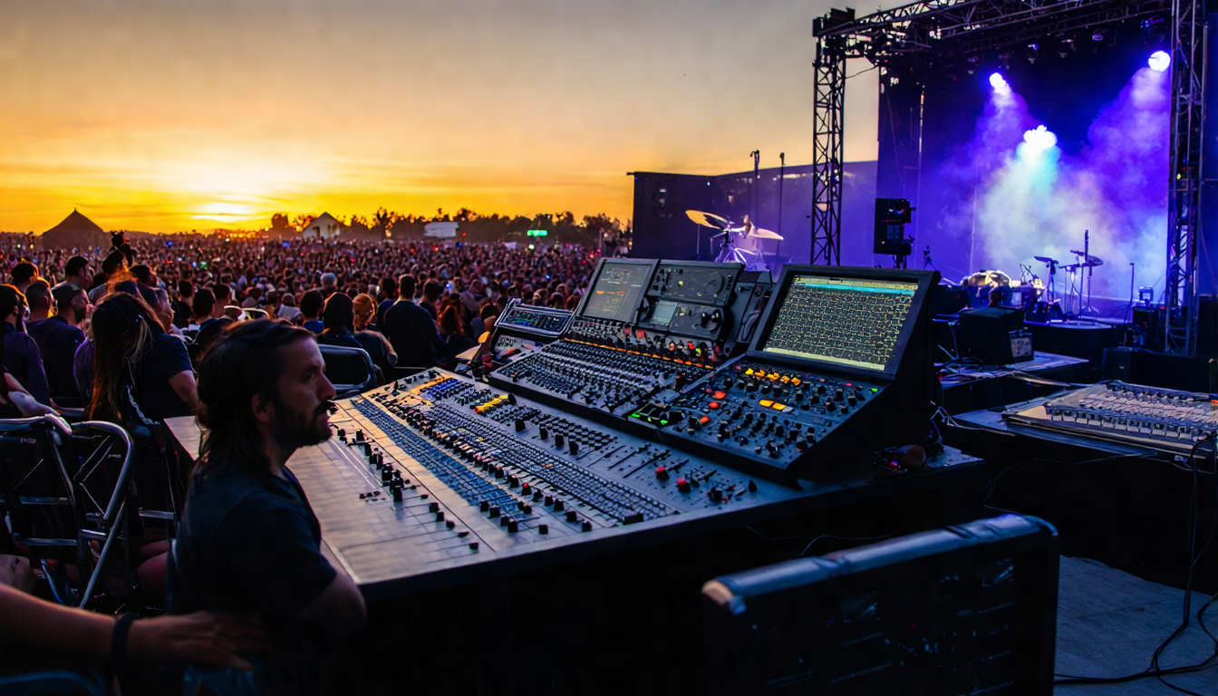 Rivage PM5 in a festival FOH environment with stage and PA system visible