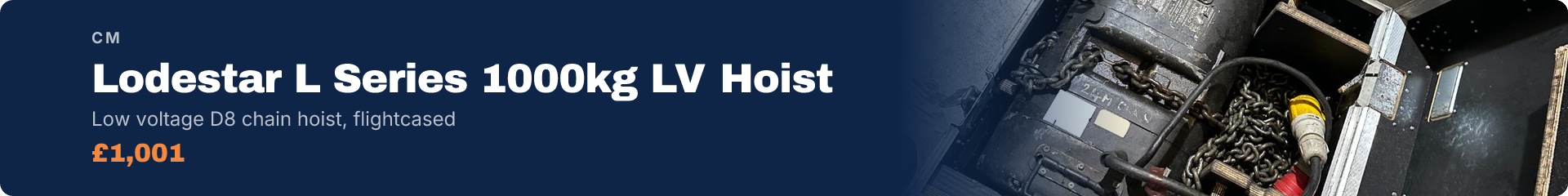 CM Lodestar L Series 1000kg LV Hoist, Low voltage D8 chain hoist, flightcased